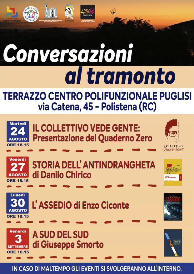 CONVERSAZIONI AL TRAMONTO – Terrazzo Centro Polifunzionale P. P. Puglisi – 24, 27, 30 agosto e 3 settembre 2021
