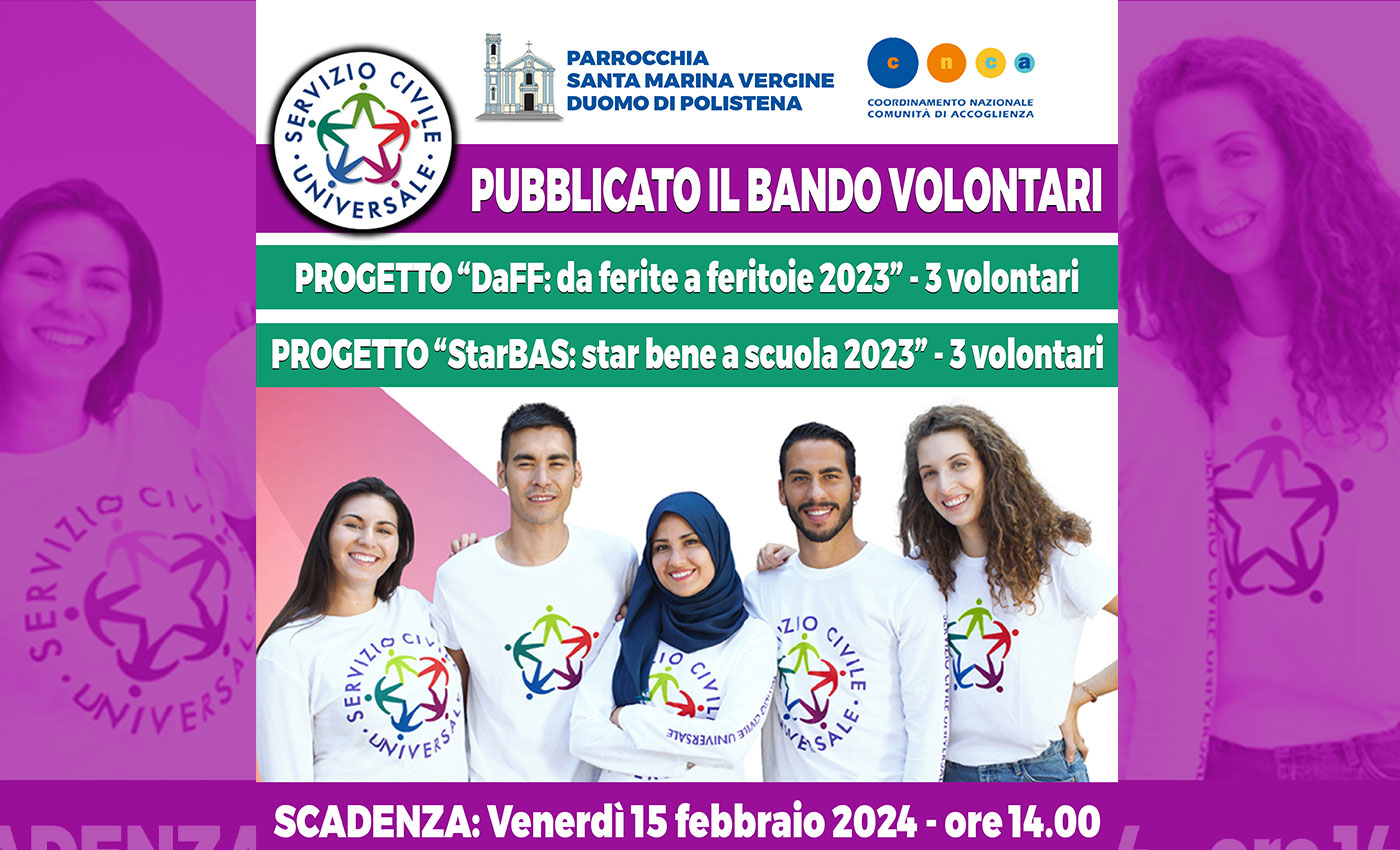 Nuovo bando di Servizio Civile Universale – SCADENZA – 15 FEB 2024 ore 14.00